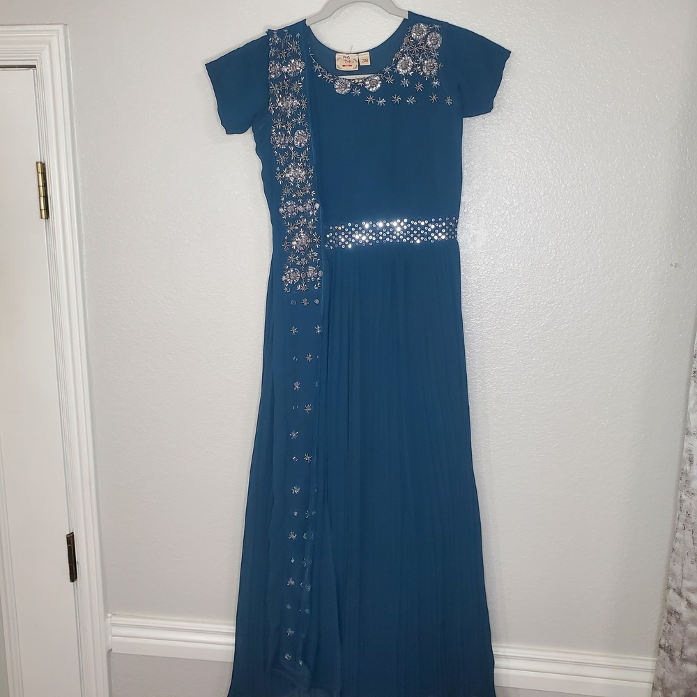 FD Kids Girls Teal Blue Beaded Sequin Maxi Dress Size 38 Formal Wedding Guest